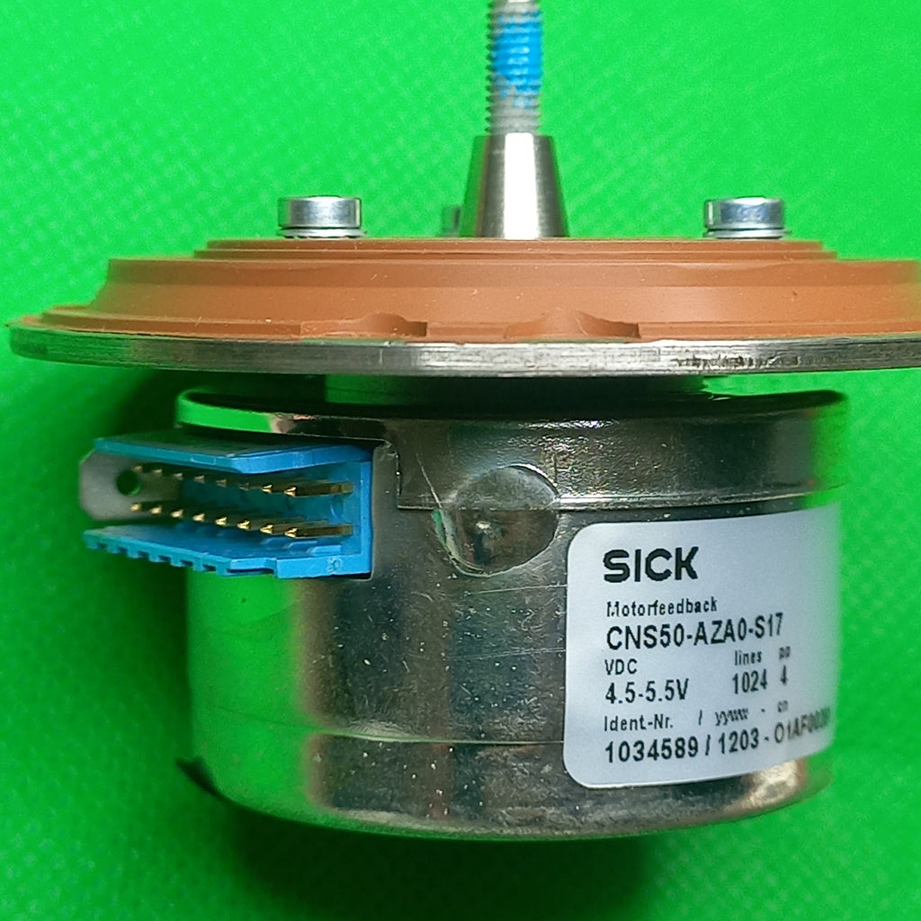 
Shows Specification sticker, Connecttor and Shaft and flange inONE photo . removable Flange makes this encoder suitable to replace many CNC50 combinations base encoder is Sick Motor feedback 103 4 598 CNS50-AZA0-S17 lines=1024 4pp 