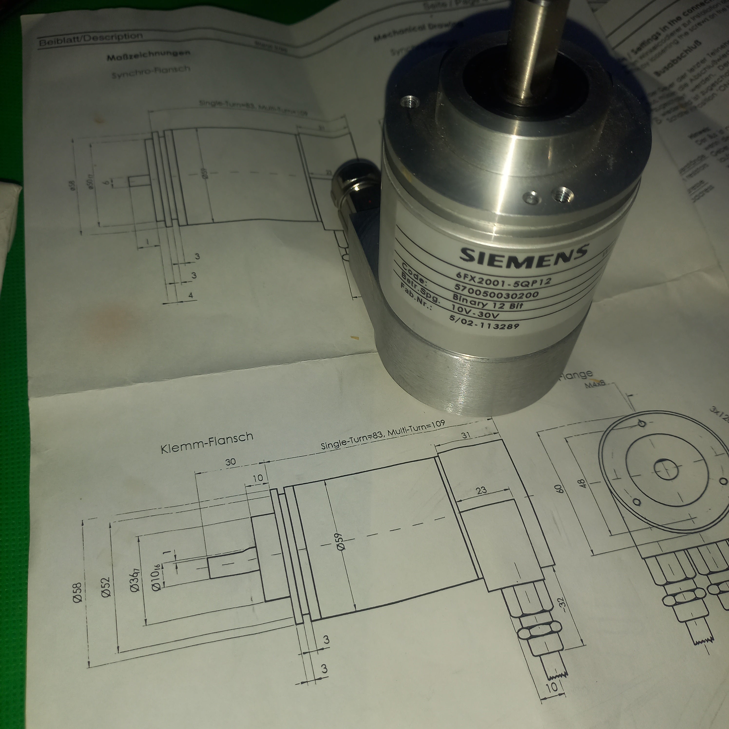 Siemens Absolute ST Encoder 6FX2001-5QP12,10mmshaft, Clamping, 13Bit, Binary Profibus