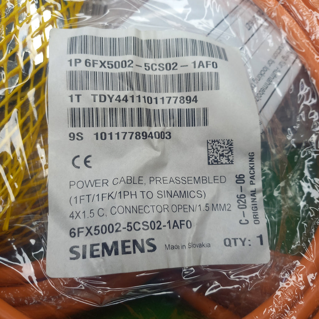Specification sticker on ORIGINAL siemens made cable made in SLOVAKIA With Connector A5E02096937 SINAMICS S120 Booksize MoMo on cable  Siemens 6FX50025CS021AF0 POWER CABLE,PREFAB,MC500,5M