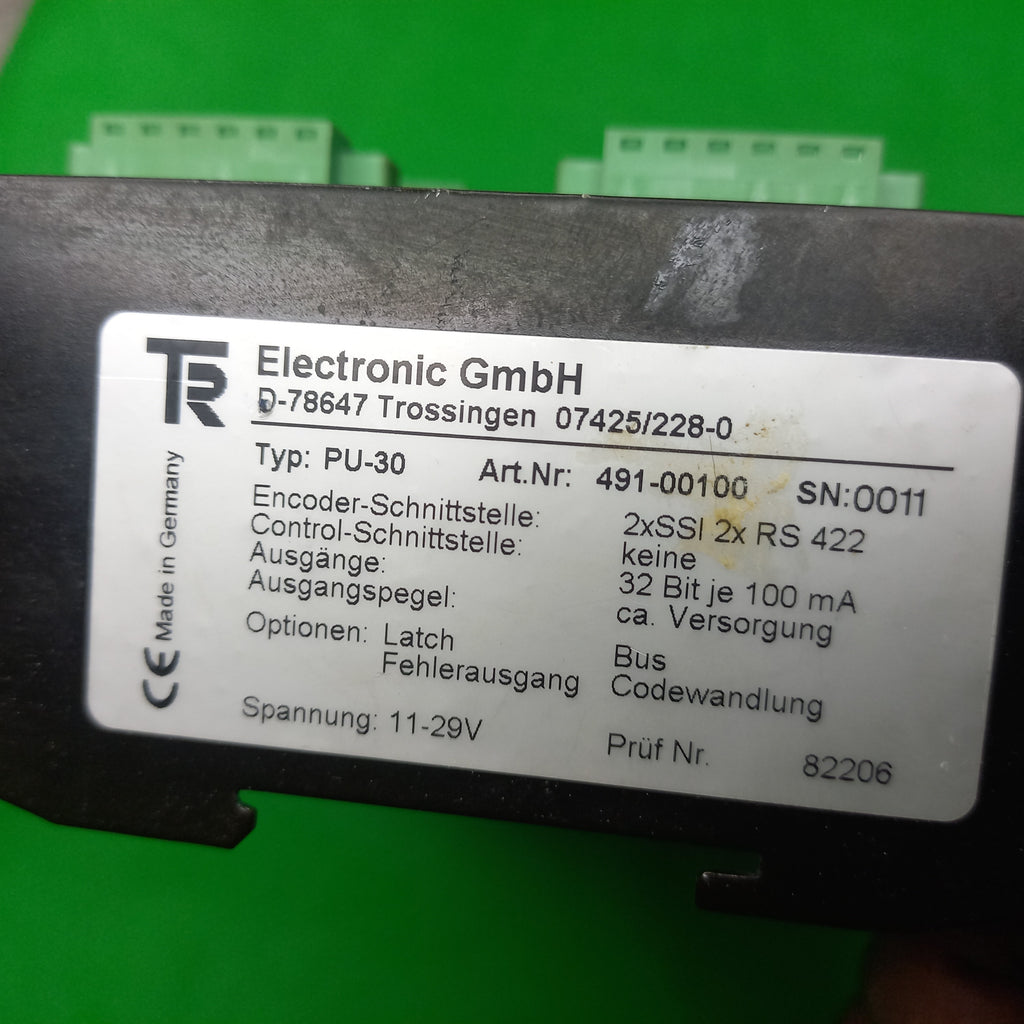 Specification sticker of TR Electronic PU30 Art.Nr 49100100 Encoder interface: 2x SSI, 2x RS-422| PU-30