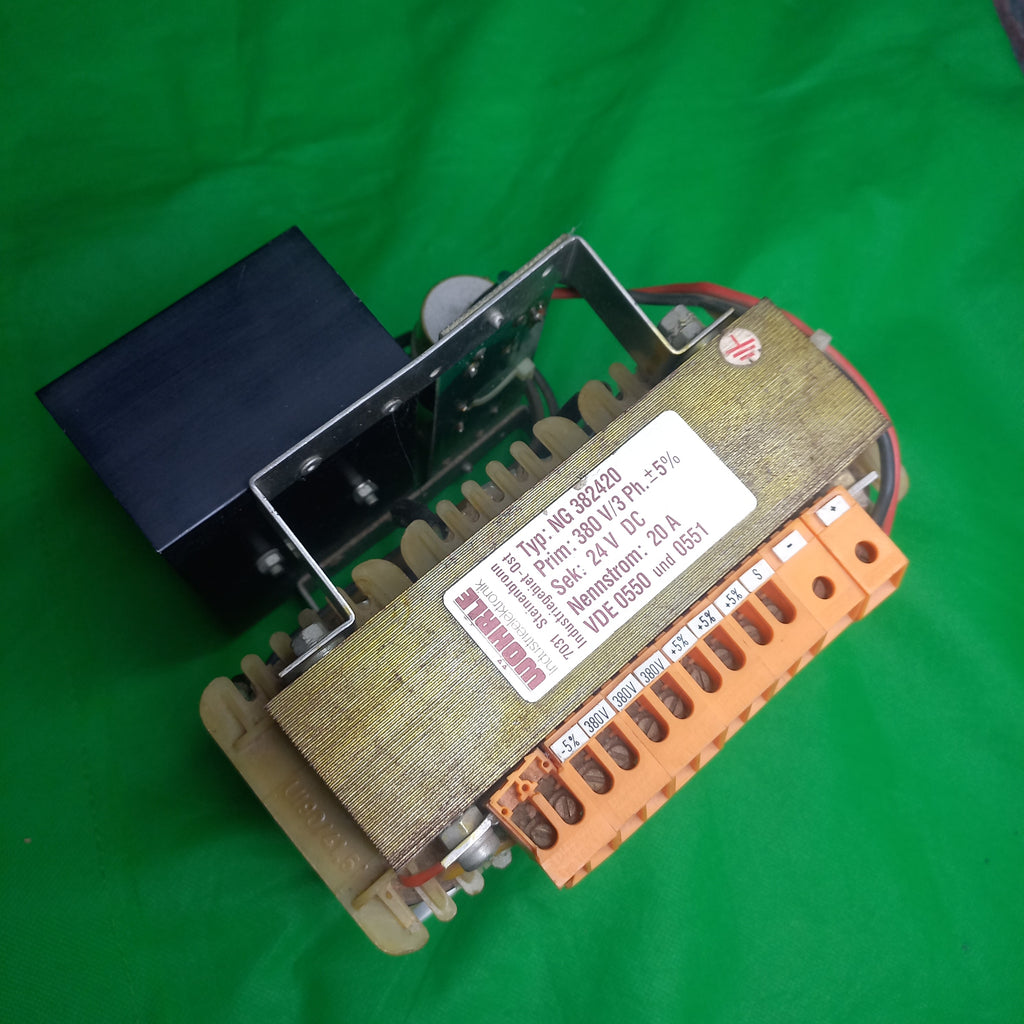 Typ: NG382420 Power supply Wohrle Industrieelektronik 
Prim: 380V/3Ph.  +/- 5%
Sek: 24VDC
Nennstrom: 20A
VDE 0550 und 0551
