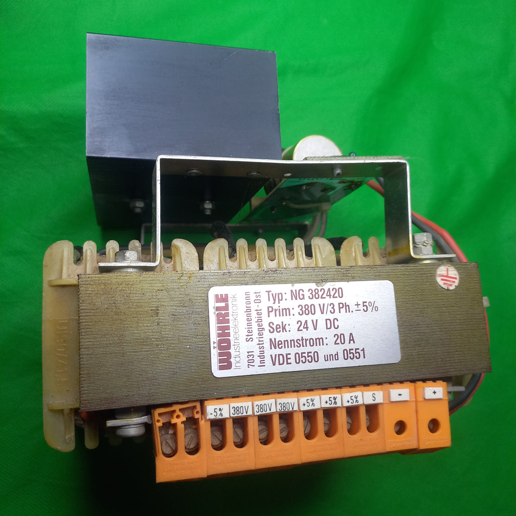 DC 20 Amps  power Wohrle Industrieelektronik  Wohrle Industrieelektronik 
Typ: NG382420
Prim: 380V/3Ph.  +/- 5%
Sek: 24VDC
Nennstrom: 20A
VDE 0550 und 0551