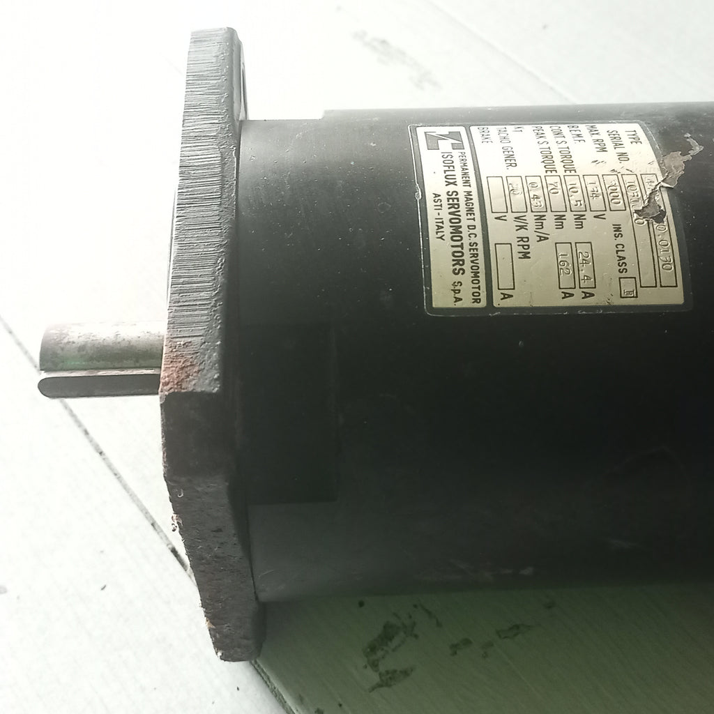 Max rpm 3000 rpm
BEMF : 134V
Const. S. Torque: 10,5Nm
Peak Torque: 70 Nm,
KT0,45NM/A
Tacho gener. 20V/K Rpm
Brake ;: NO brake 
