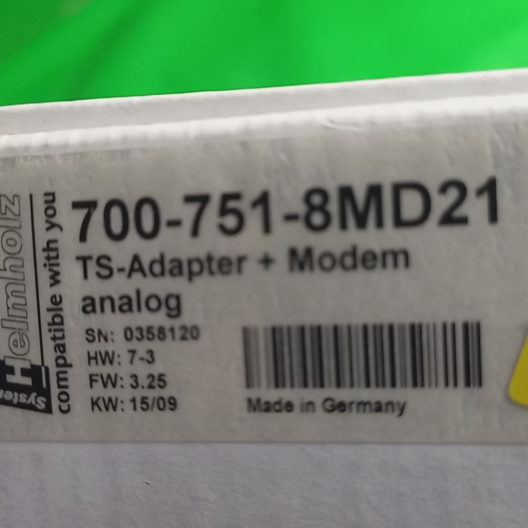 Video SSW7-TS with Modem; analog/ISDN/GSM Hemholz 700-751-8MD21 TS-Adapter + Modem Analog, HW: 7-2, FW: 3.25, KW: 15/09

SSW7-TS, MPI Adapter