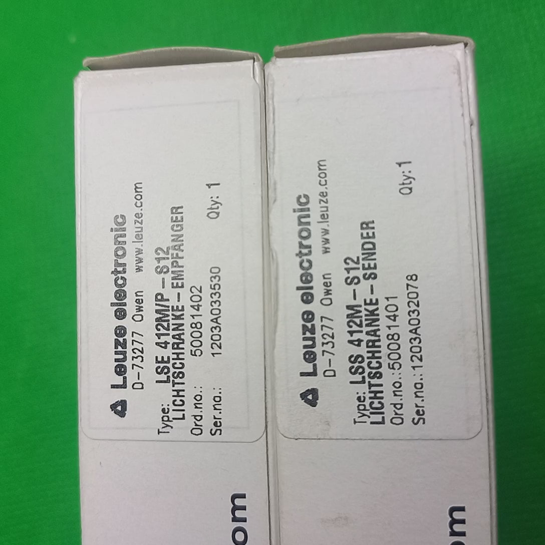 video showing box conents and unboxing of Leuze_ LS 412MP-S12 500 81431=LSE 412MP-S12 (50081402)+ LSS 412M-S12 (50081401)