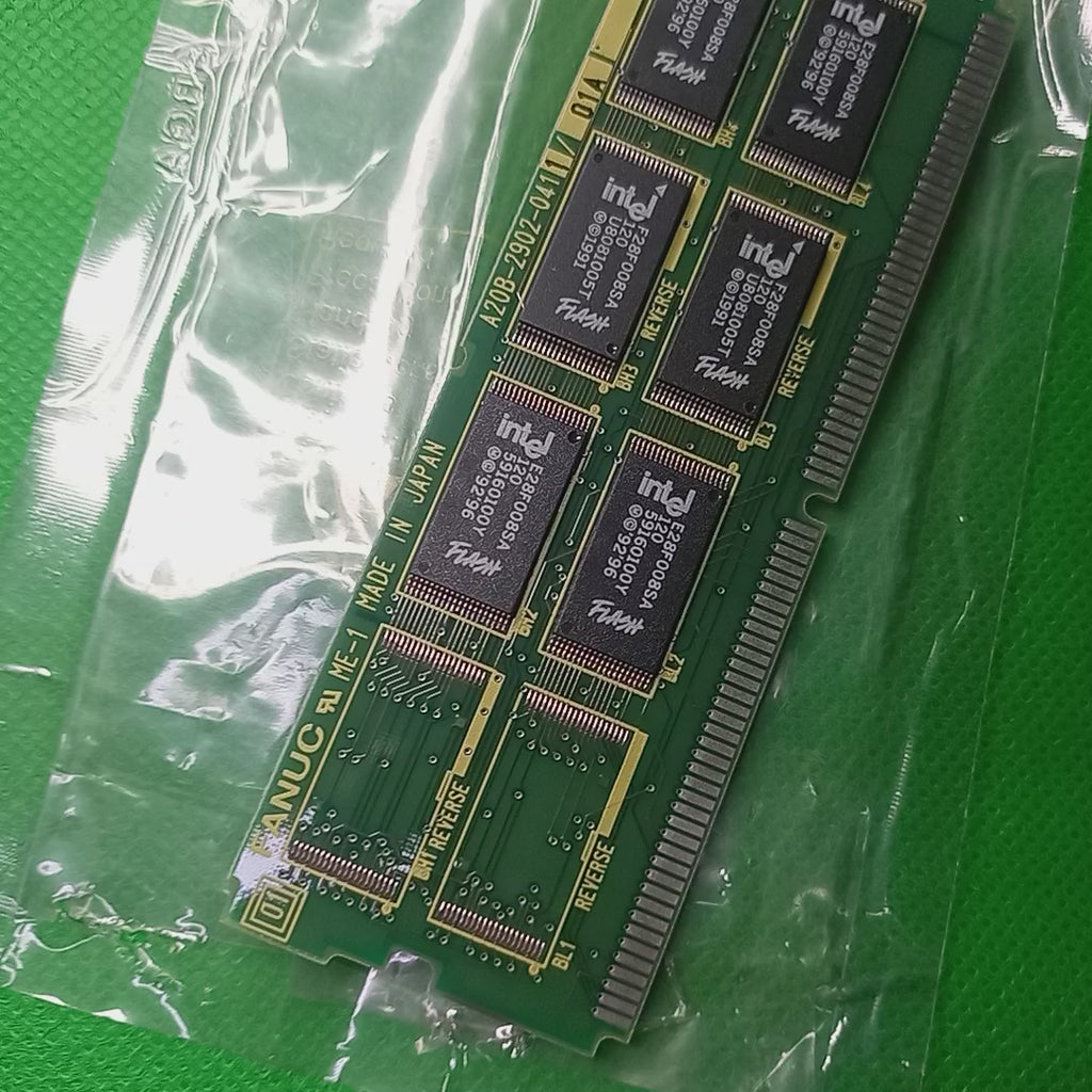 Video shows all sections of PCB plugin module 6MB FROM+256K  Module  A20B-2902-0411/01A
The Fanuc A20B-2902-0411/01A is a 6MB Flash ROM (FROM) memory module with 256K SRAM designed for use with Fanuc CNC systems (such as the Series 18B).