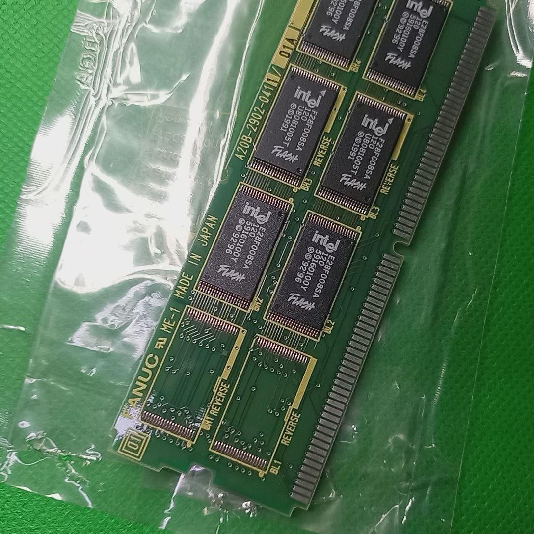 Video shows all sections of PCB plugin module 6MB FROM+256K  Module  A20B-2902-0411/01A
The Fanuc A20B-2902-0411/01A is a 6MB Flash ROM (FROM) memory module with 256K SRAM designed for use with Fanuc CNC systems (such as the Series 18B).
