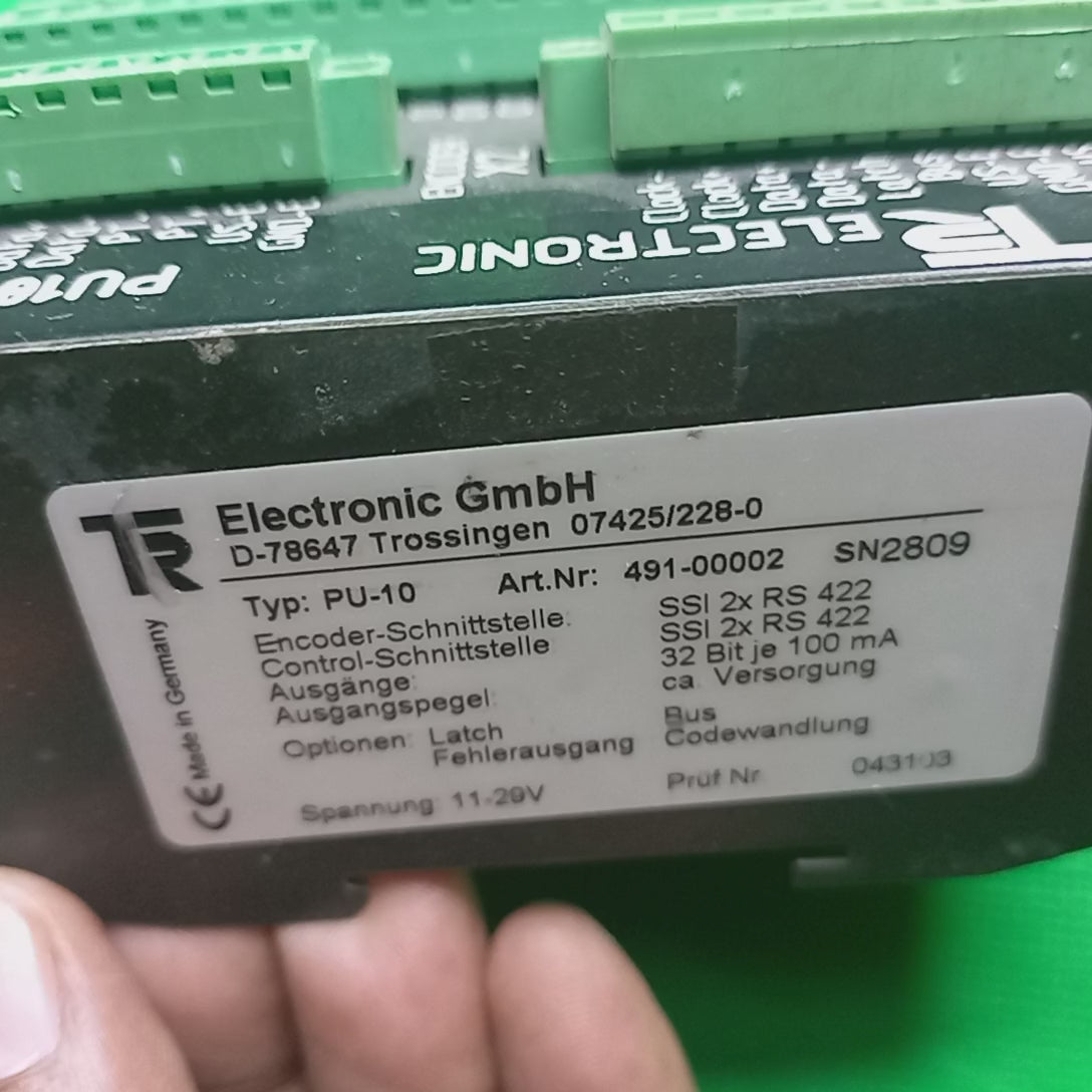 Video of Type: PU-10
Part No.: 491-00002
Encoder interface: SSI 2x RS 422
Control interface: SSI 2x RS 422
Outputs: 32-bit, 100 mA each
Output level: Approx. supply voltage
Options: Latch
                 Error output
                 Bus code conversion
Voltage: 11–29 V
