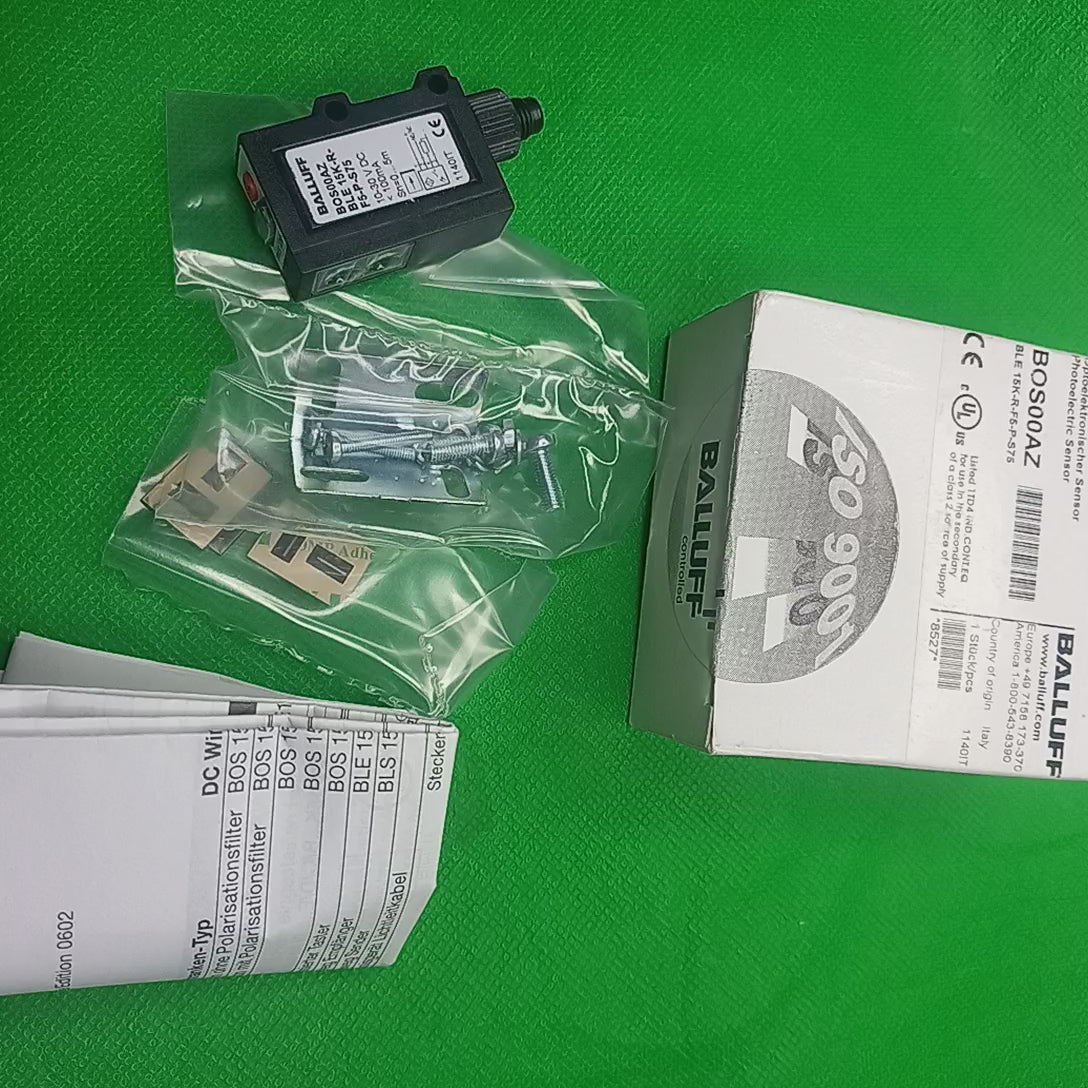 Video shows contents of the box and unboxing of BOS00AZ,BLE 15K-R-F5-P-S75, Range 0-5 mm